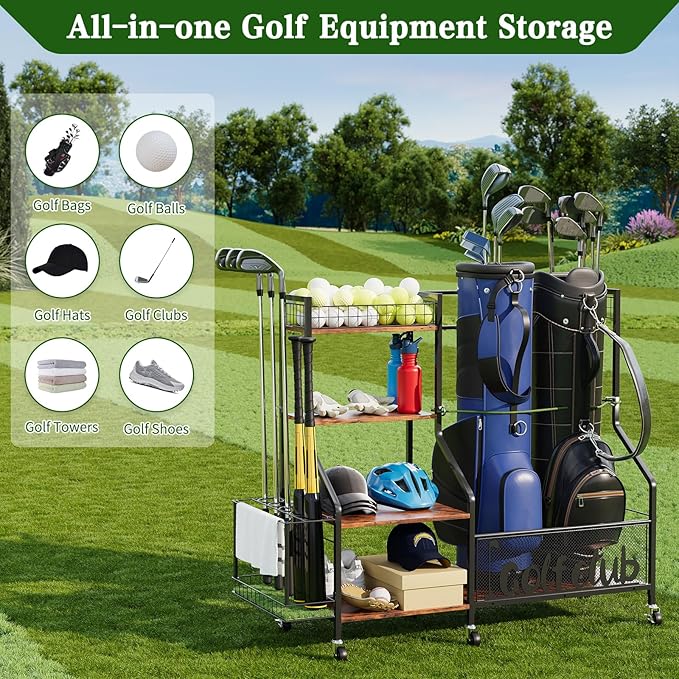 Golf Bag Organizer for 2 Bags, Large Golf Rack with Golf Bag Storage, Golf Bag Stand with Golf Club Rack, Extra Sports Equipment Rack for Garage & Golf Clubs with Wheels