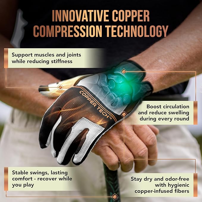 Copper Tech Golf Gloves Men Right Handed Golfer Or Left Handed Golfer (2 Pack) | Copper Compression Joint Support with Flexible & Comfortable Fit | AAA Leather Construction & Tacky Silicone Pad