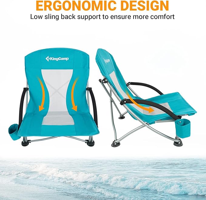 KingCamp Low Beach Chairs, Folding Portable Chair for Adults Lightweight Extra Wide Seat 300lbs Heavy Duty Oversized Backpack, Carry Bag for Camping