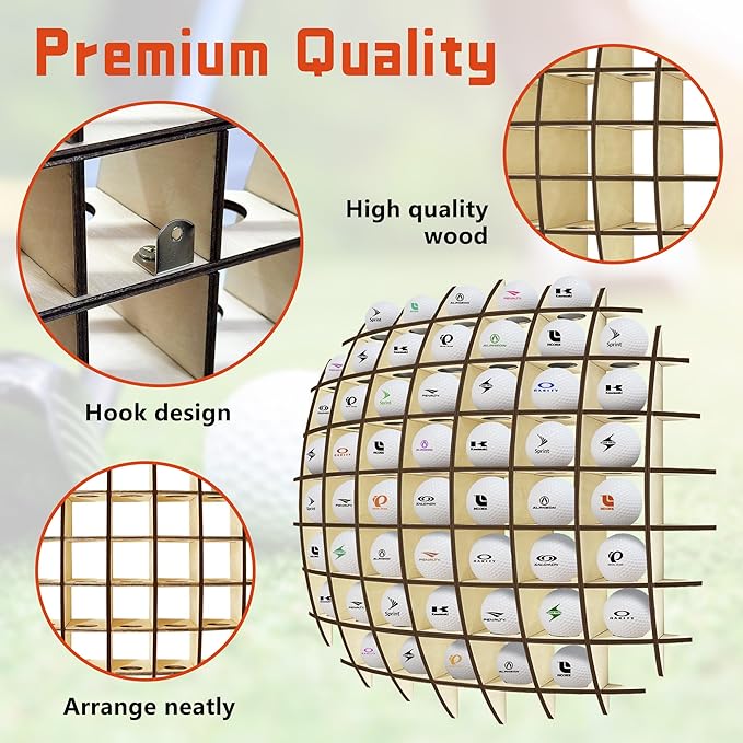 Golf Ball Display up to 52Pcs, Golf Ball Holder Wall Mounted, Golf Ball Rack for Golf Lovers (Oak Color)
