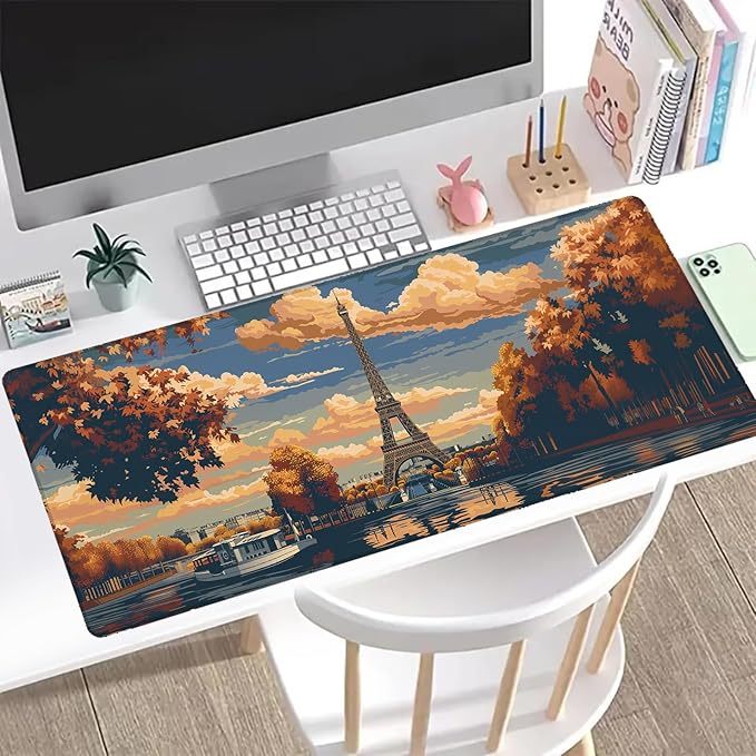 Paris Eiffel Gaming Mouse Pad, Office Desk Mat, Anti-Slip Rubber Base Cool Aesthetic Mouse Pads for Computer Laptop Keyboard School Home Desktop Gamer Home Accessories Decor 31.5" x 11.8"