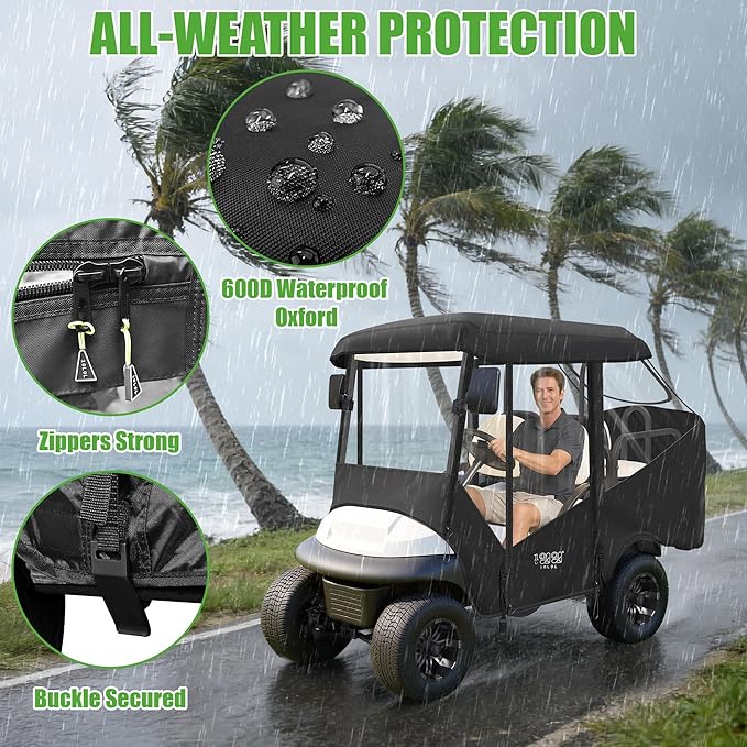 10L0L Golf Cart Enclosure 4 Passenger for EZGO TXT & Club Car Precedent DS Tempo Onward, 57" Short Roof Waterproof Windproof Rain Cover with Heavy-Duty 600D Fabric & Clear Windows Roll-up Door