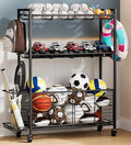Large Garage Sports Equipment Organizer with Wheels, 3-Tier Ball Storage Rack for Basketballs, Soccer Balls & Sports Gear, Outdoor Sports Organizer with Bat Holder& Hooks, Toy Storage– 31"W