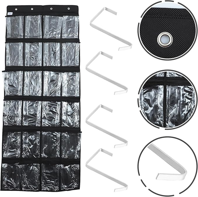 24-Compartment Hanging Shoe Organizer Bag, Black Non-Woven Fabric Storage Hanging Bag with Pockets for Door or Wall, Bedroom Shoe Storage Solution