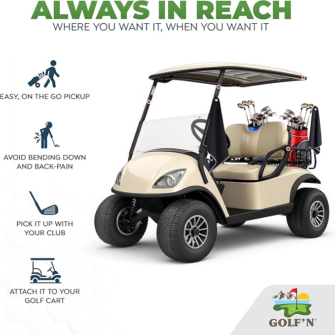 Golf'N Microfiber Towel - Magnetic Golf Towel Black 16" x 24" Golf Towels for Golf Bags with N52 Heavy Duty Magnets, Carabiner Clip & Cross Stitched Reinforced Loop, Premium Golf Accessories