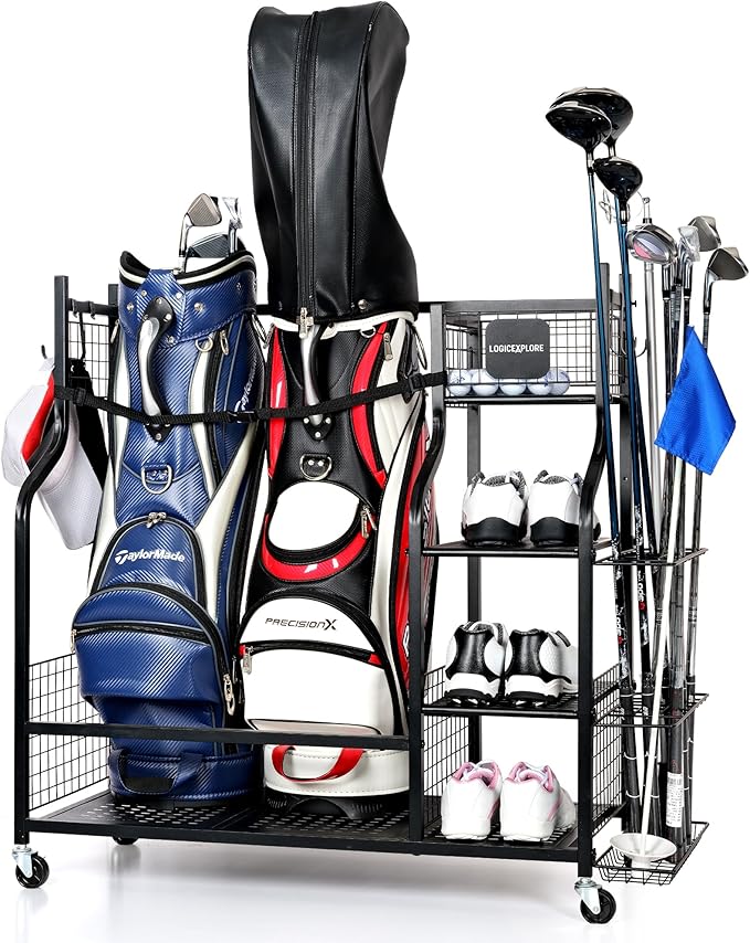 Golf Bag Storage Organizer Rack for Garage, Golf Bag Stand with Rolling Wheels, Heavy-Duty Metal Golf Equipment Organizer for Home, Garage, Clubhouse