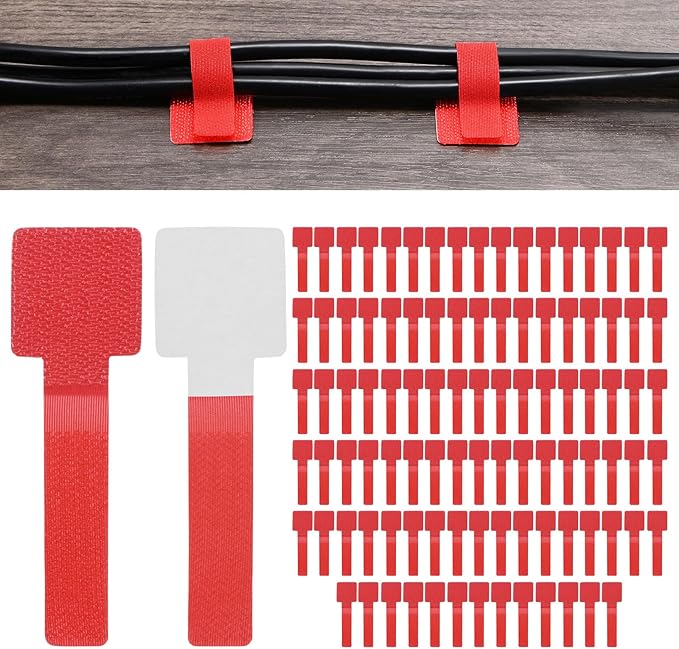 100-Pack Hook and Loop Cable Ties, 3.5 x 1.1 Inch Enhanced Self-Adhesive Cord Organizer for Desk/Home/Wall/Office Essentials, Cable Management Under Desk [Red]