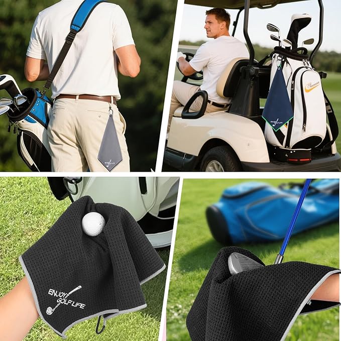 3 Pack Golf Towel(16" X 16"), Top-Tier Microfiber Super Absorbent Golf Towels for Golf Bags, Premium Waffle-Pattern Embroidered with Carabiner Clip, Golf Accessories (3 Classic Colours)