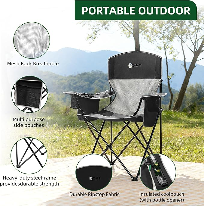 Portable Outdoor Folding Chair with Cup Holder & Cooler Bag - Breathable Mesh, Wide Armrests, Ergonomic Design for Camping, Beach, Backyard - Includes Storage Bag & Bottle Opener (Black/Green/Red)