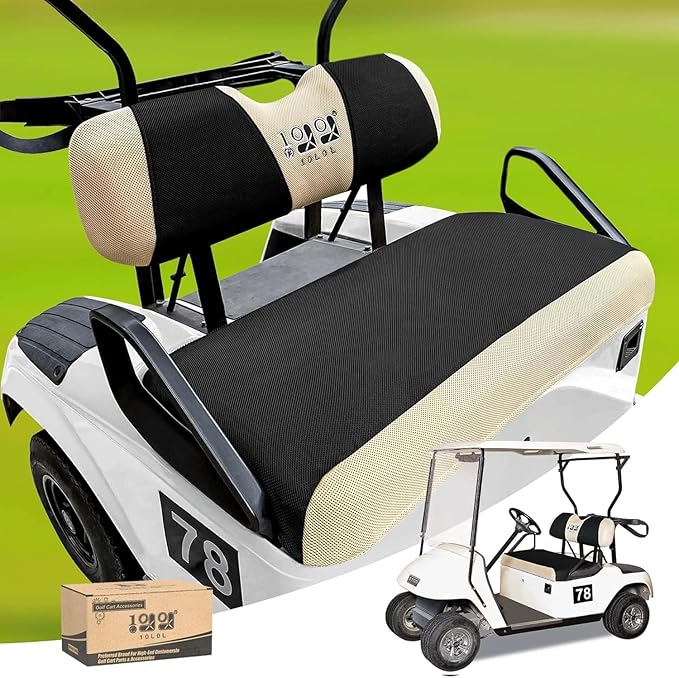 10L0L Golf Cart Seat Covers Kit - Universal Fit for EZGO TXT/RXV Front Seats | Breathable Mesh Fabric | Easy Installation | Black & Beige (No Staples Required)