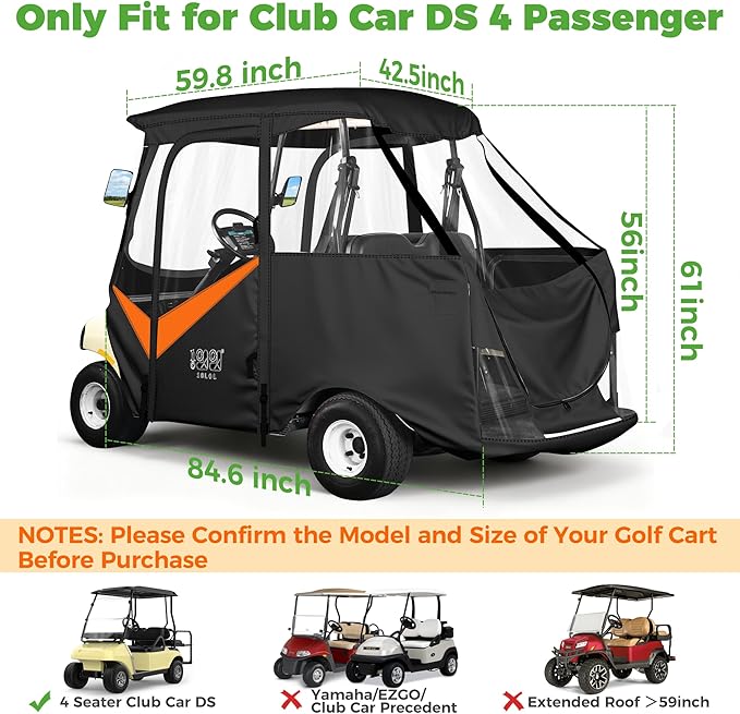 10L0L 4 Passenger Golf Cart Enclosure for Club Car DS Short Roof, 600D Waterproof Golf Cart Rain Cover, Heavy Duty Driving Enclosure, Snowproof Windproof, with Clear PVC Windows & Tail Light Panel