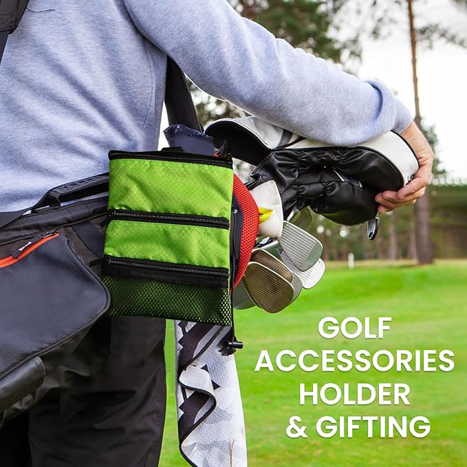 Golf Bag Accessories Valuables Pouch Bags Multi Pocket Zipper Hook with 10 Pcs Wood Golf Tees for Men Women