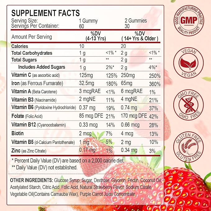 Iron Supplement Gummies, 65mg Iron and 250mg Vitamin C for Women Men Kids, Natural Vegan Iron Gummy with Vitamin A, B-Complex, Biotin, Zinc & Folate Energy Support & Immune Health, 60 Gummies