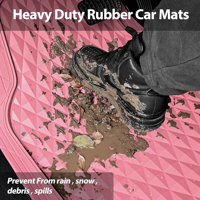 CAR PASS Heavy Duty Rubber Pink Car Floor Mats & Cargo Liners, Deep Dish All-Weather Trunk Mats Durable Anti-Slip 3D Rhombus Waterproof Trim to Fit Liner Universal Fit Auto,Sedan,SUV,Truck, Pink