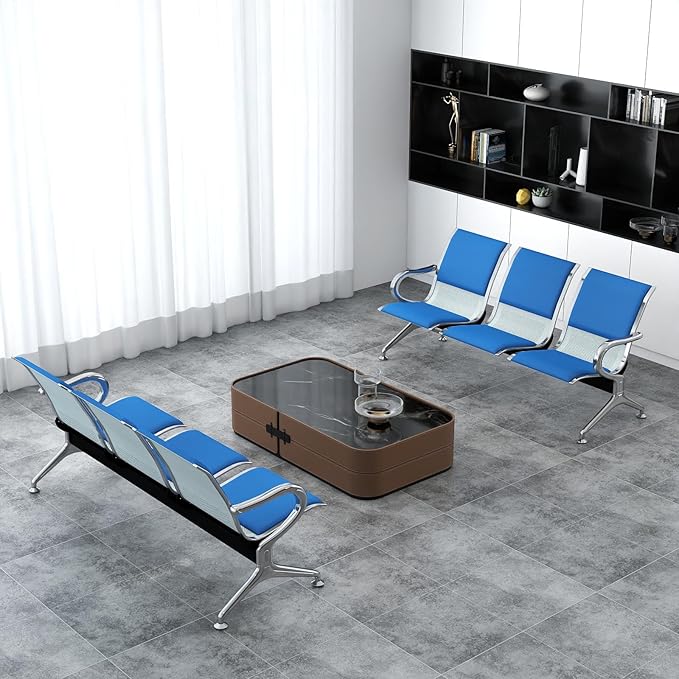 Kinfant 6-Seat Waiting Room Chairs with Arms – Heavy-Duty Steel Frame PU Leather Back & Cushioned Seat, Ergonomic Office Reception Guest Chair for Lobby, Clinic, Airport, Blue