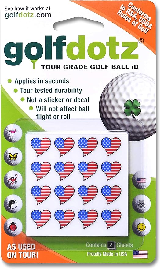 Golfdotz - USGA Rule Conforming Novelty Golf Ball Markers, Golf Ball Stickers for Marking Balls, No More Smearing from Stamps, Gifts for Golfers, Dads, and Retirees, (USA Collection; 32-Count)