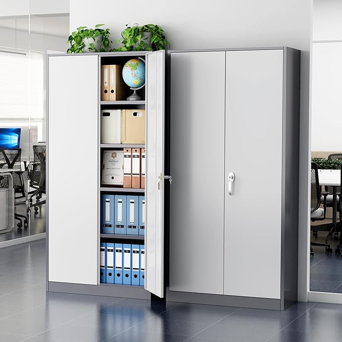 Greenvelly Metal Garage Storage Cabinet, 72” Steel Locking Storage Cabinet with 2 Doors and 4 Adjustable Shelves, Metal Tool Cabinets, Lockable File Cabinets for Home Office, Garage (Gray White)