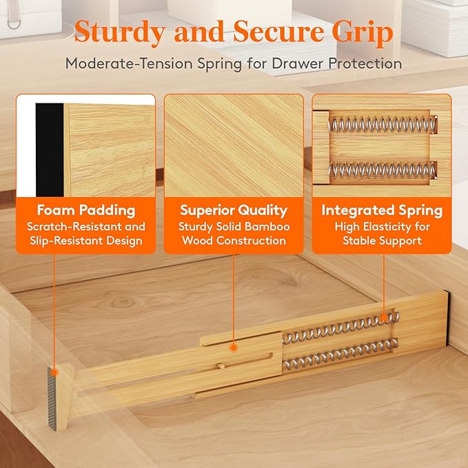 Lifewit 8 Pack Bamboo Drawer Dividers 2.4" High, 13-16.5" Kitchen Drawer Organizers, Adjustable Wooden Drawer Dividers for Clothes, Expandable Drawer Separators for Dresser, Bedroom, Bathroom, Cabinet