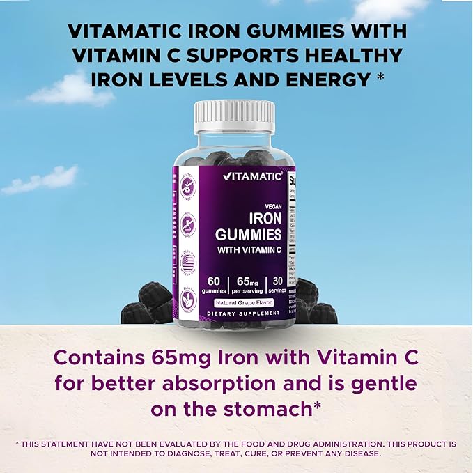 Vitamatic Iron 65 mg Gummies Supplement for Women & Men - 60 Vegan Gummies - Great Tasting Iron Gummy Vitamins with Vitamin C (1)
