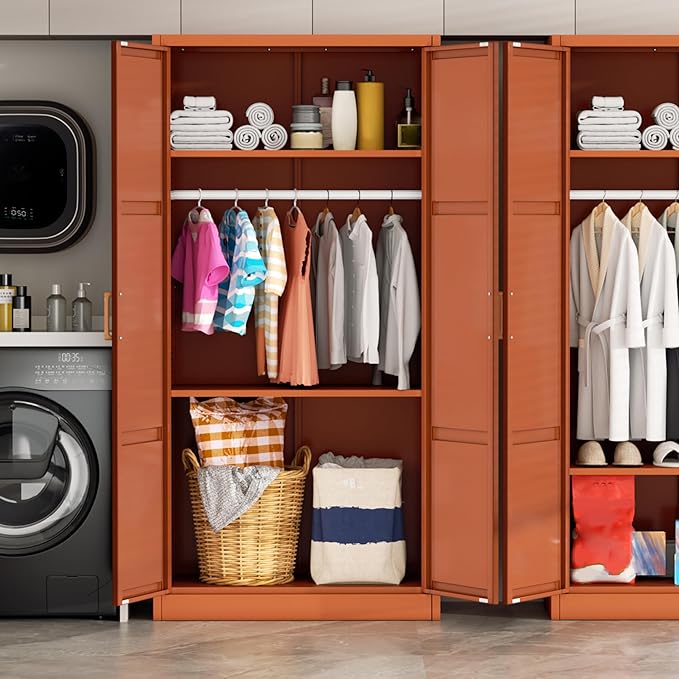 Greenvelly Metal Wardrobe Cabinet with Wooden Handle, 72" Metal Wardrobe Closet with Hanging Rods and Adjustable Shelves, Clothing Storage Closet Cabinet for Home, Office, Employee, Gym (Brown)