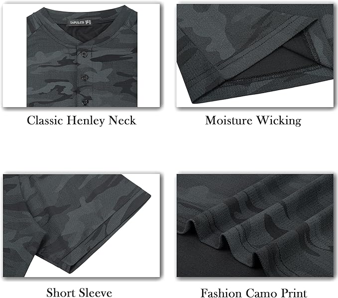 TAPULCO Mens Collarless Golf Shirts Short Sleeve Dry Fit Stretch Casual Breathable Lightweight Tshirts