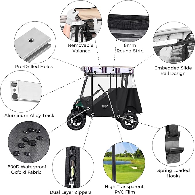 10L0L 3-Sided Track Style Golf Cart Enclosure fit 2 Passenger Yamaha G29 Drive,Waterproof 600D Oxford Cloth Yamaha Rain Cover with Aluminum Pre-Drilled Track,Clear PVC Windshield-Striped Valance