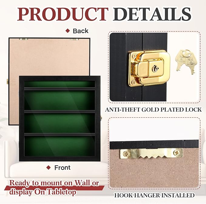 Golf Bag Tag Collection Display Case Holds 40 Bag Tags 16.54 x 15.35 x 1.77 Inch Wall Mount Wooden Shadow Box W/98% UV Acrylic Door Lockable Storage Display Box for Collection (Black, Green)