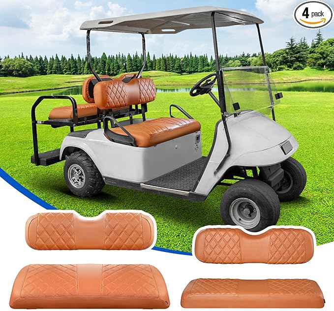 NOKINS 4PCS Golf Cart Diamond Seat Covers Kit, Front&Rear Seat Covers Fits EZGO TXT 1994-2013/EZGO RXV Standard Seat Cushion, EZGO Vinyl Seat Cover Accessories, No Staples(All Brown)