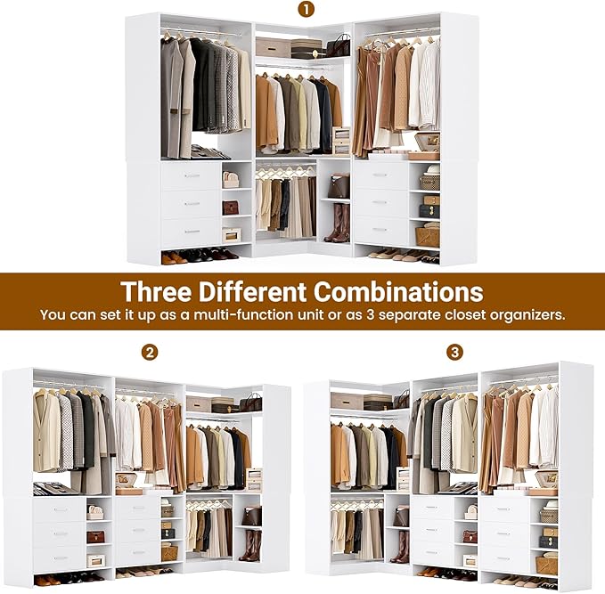 Aheaplus Closet System with 6 Drawers, 4 Hanging Rods & Corner Tower, Corner Closet System with Hanging, 92.6" L-Shaped Walk-In Wardrobe Organizer, 2000+ lbs Capacity, Set of 3, White