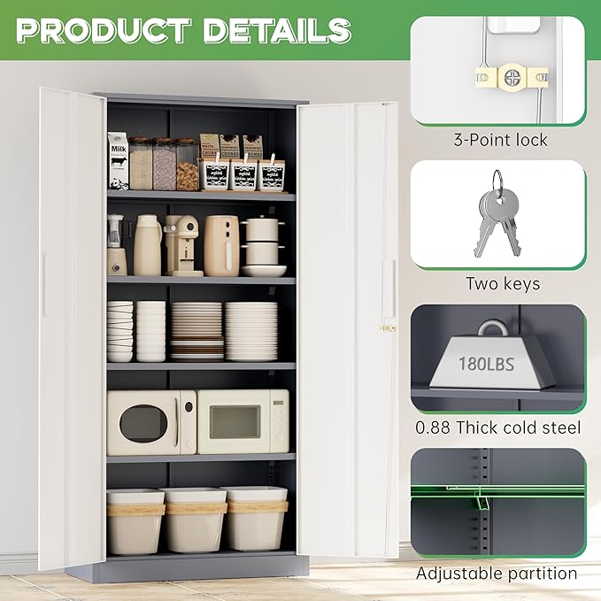INTERGREAT Metal Storage Cabinet with Lock, 63" H Metal Cabinets Storage with 2 Doors and 4 Adjustable Shelves, Locking Garage Cabinet for Home Office, Kitchen, Bathroom (White Grey)