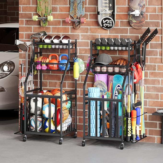 Sports Equipment Garage Organizer,Garage Ball Storage Rack with Elastic Straps,Small Rolling Ball Holder Cart with Wheels for Sports Gear,Indoor/Outdoor Toy Storage with Hooks and Baskets,BK