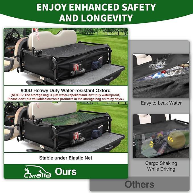Golf Cart Rear Storage Bag for 4 Passenger EZGO, Club Car, Yamaha Golf Carts, 900D Water-Repellent No Drilling Grocery Shopping Cargo Box with Secure Net and Adjustable Straps for 2+2 Seat
