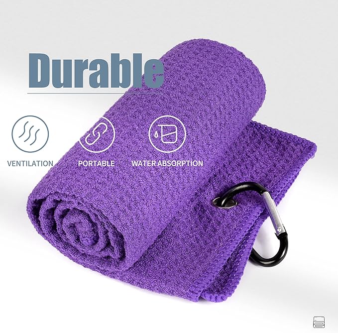 Mile High Life Tri-fold Golf Towel | 16" X 24" | Premium Microfiber Fabric | Waffle Pattern | with Heavy Duty Carabiner Clip | for Men and Women (2 Pack Purple)