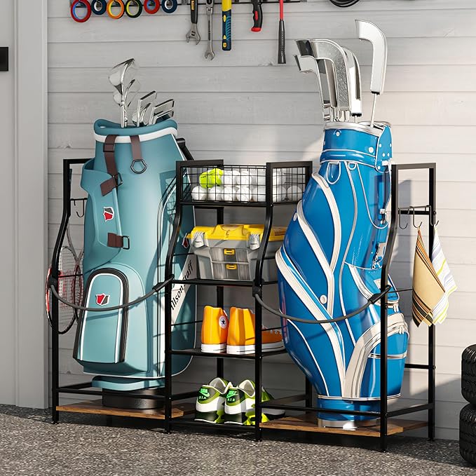 Golf Bag Storage Organizer for Garage Organization, Golf Bag Stand for Golf Bag Accessories, Spacious Golf Rack for Golf Clubs & Golf Essentials, Ideal Golf Gifts for Men (Fits 2 Golf Bags)