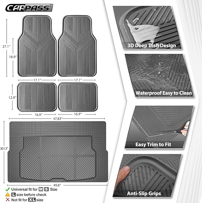 CAR PASS Universal Car Floor Mats & Cargo Liner Full Set, Waterproof Anti-Slip Rubber Trim to Fit Trunk Mats All Weather Protection Fit Car SUV Sedan Coupe Vehicle Automotive 5 Pieces, S-M Size Gray