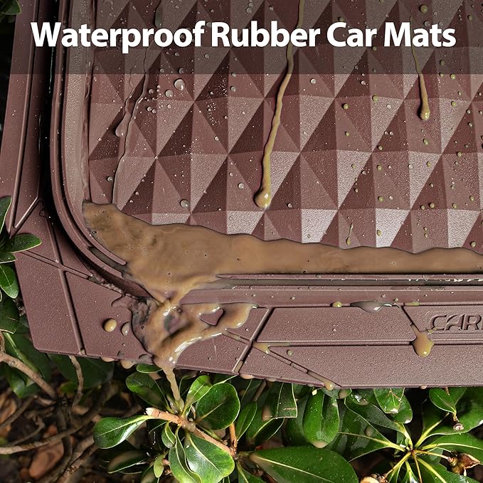CAR PASS Heavy Duty Rubber Car Mats, Deep Dish All-Weather Floor Mat for Car Full Set Durable Anti-Slip 3D Rhombus Waterproof Trim to Fit Liner Universal Fit Automotive,Sedan,SUV,Truck, 3 Piece Brown