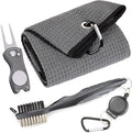 Mile High Life Microfiber Waffle Pattern Golf Towel | Club Groove Cleaner Brush | Foldable Divot Tool with Magnetic Ball Marker (Dark Gray Towel/Brush/Fish Divot)