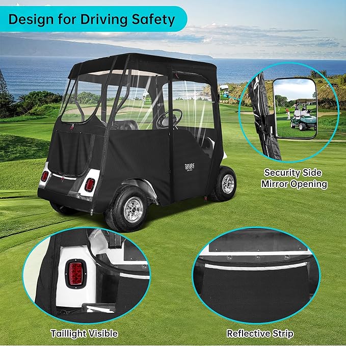 10L0L 2/4 Passenger Golf Cart Driving Enclosure for EZGO TXT/RXV Model, 4-Sided Clear Window 600D Rain Cover All Weather Windproof Waterproof - Black/Beige