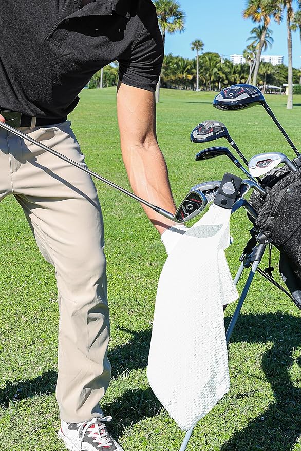 Magnetic Golf Towels for Golf Bags with Clip & Ultra Strong Magnet - Waffle Weave Microfiber Towel for Secure Hold on Bags & Carts - Ideal Club Cleaner & Accessories - White
