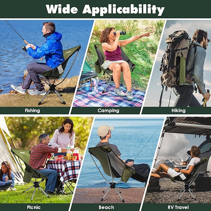 Camping Chairs, 360° Degree Swivel Folding Chairs,Portabl Outdoor Chairs for Travel Hiking Fishing lawns Picnic Hunting,Support 305 LBS,Lghtweight,Green
