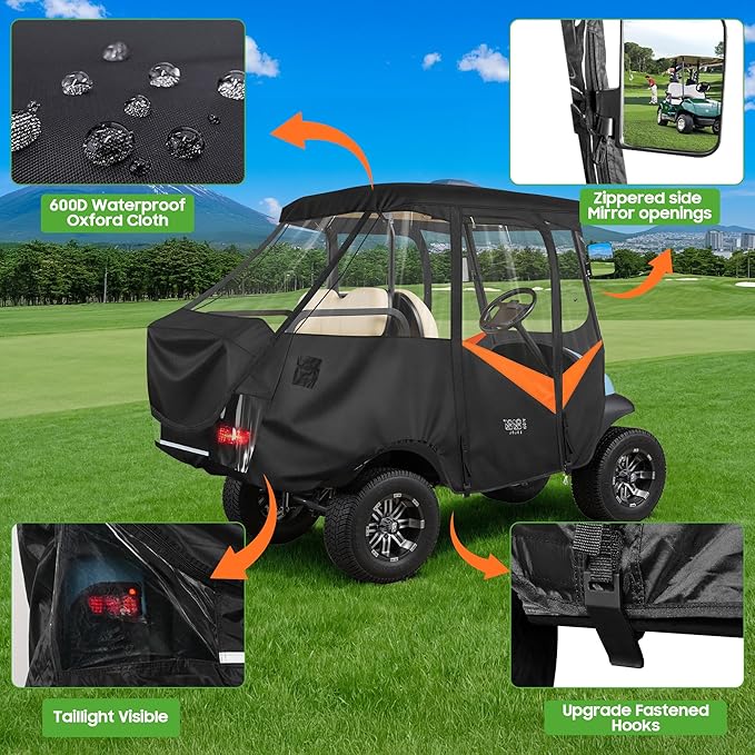 10L0L Golf Cart 4 Passenger Enclosure for Club Car Precedent Short Roof 57.5" Deluxe 600D Golf Cart Heavy Duty Rain Cover with 4 Zipped Doors Clear PVC Windows (Latest Improved Version)