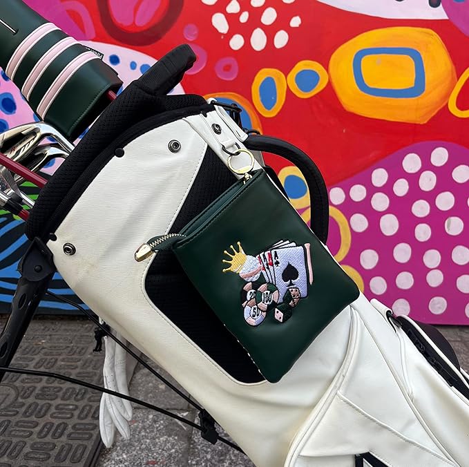 PINKTEE Golf Valuables Pouch Funny Golf Accessories Bag with Zipper Master Green Premiun Leather Golf Tee/Ball Pouch for Women Men (CASINO QUEEN, White stripe)