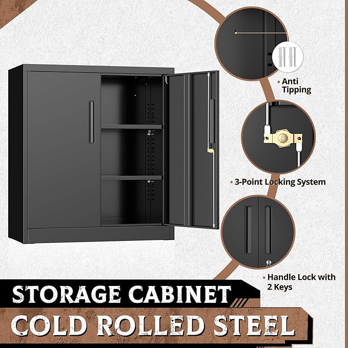 Incbruce 36” Metal Storage Cabinet, Locking Steel Storage Cabinet with 2 Doors and 2 Adjustable Shelves for Garage, Home, Office (Black)