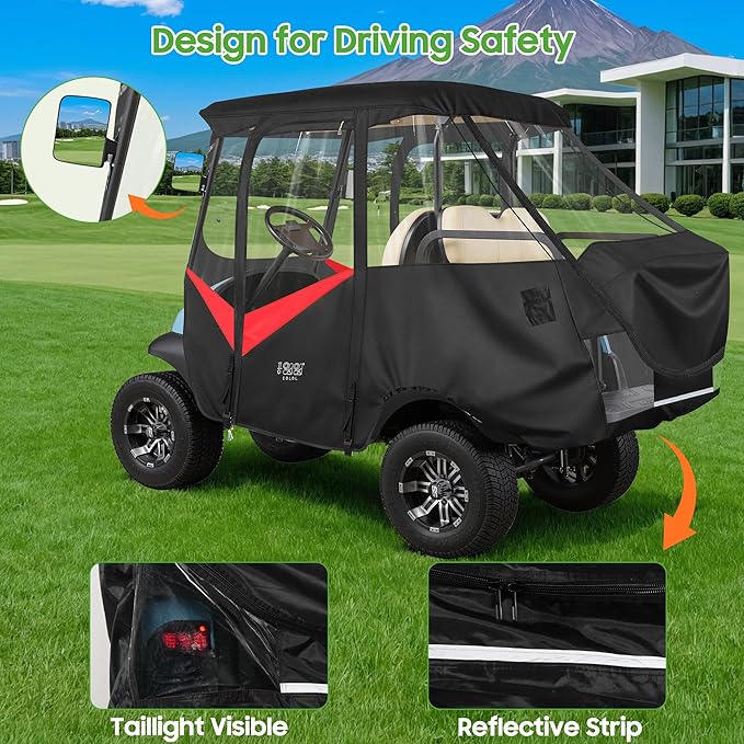 10L0L 4 Passenger Golf Cart Driving Enclosure for Club Car Precedent with Short Roof Up to 57", 4-Sided Clear Window 600D Rain Cover All Weather Windproof Waterproof - Black with Red