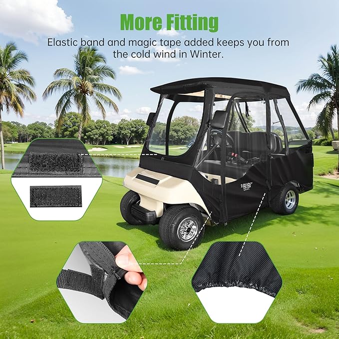 10L0L Golf Cart Driving Enclosure for Club Car DS, 2+2 Passenger Short Roof, Waterproof Windproof Heavy Duty 600D Rain Cover with 4-Sided Clear Windows & Durable Door Zipper, All-Weather Protection