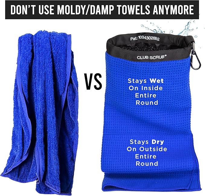 Club Scrub Towel Pro, Golf Club and Ball Cleaning Pouch with Attached Towel, Waterproof Exterior, Clean Face Technology Liner, Machine Washable, Cleans Club Grooves, Waffle-Weave Microfiber
