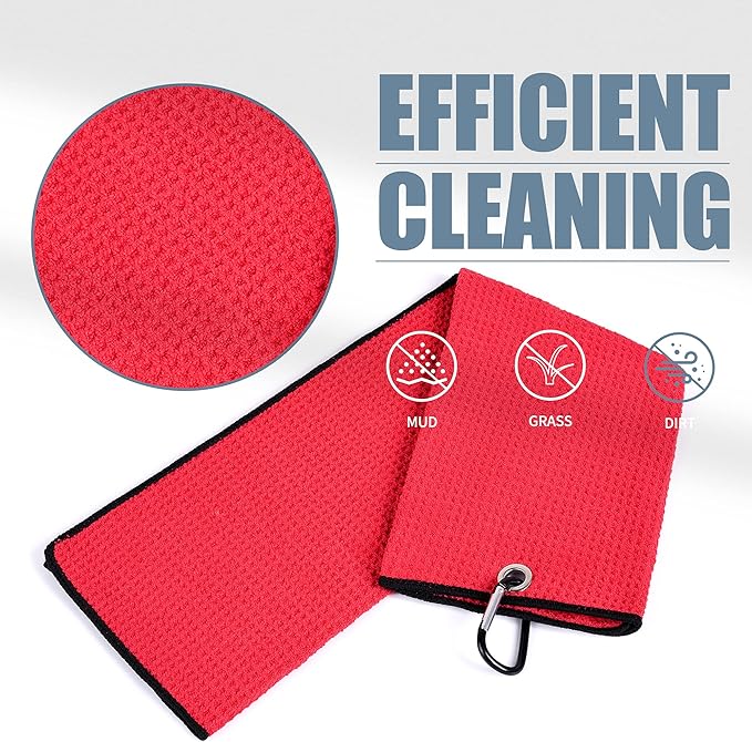 Mile High Life Tri-fold Golf Towel | 16" X 24" | Premium Microfiber Fabric | Waffle Pattern | with Heavy Duty Carabiner Clip | for Men and Women (Red)