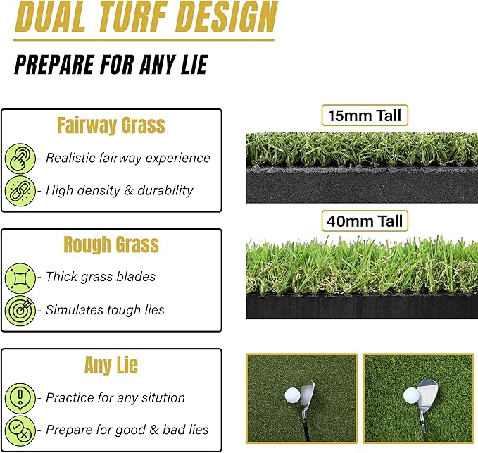 6x4ft Extra Large Tri-Turf & 5x4ft Ultra Thick 20mm Base Premium Golf Mat | Golf Mats Practice Outdoor, Indoor, or with Simulator/Net | Durable Turf Golf Hitting Mat with Tees