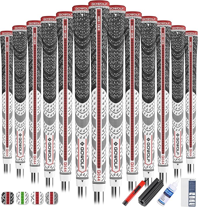 Gowolf Premium Cross Corded Natrual Rubber Golf Grips 13 Pack, Back Rib Improved Control Multi-compound Hybrid Golf Club Grips with 15pc Tapes or Full Kits