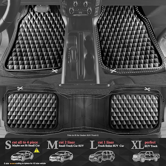 CAR PASS Heavy Duty Rubber Black Car Floor Mats & Cargo Liners, Deep Dish All-Weather Trunk Mats Durable Anti-Slip 3D Rhombus Waterproof Trim to Fit Liner Universal Fit Auto,Sedan,SUV,Truck, Black